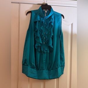 dressbarn Teal Ruffled Sleeveless Blouse